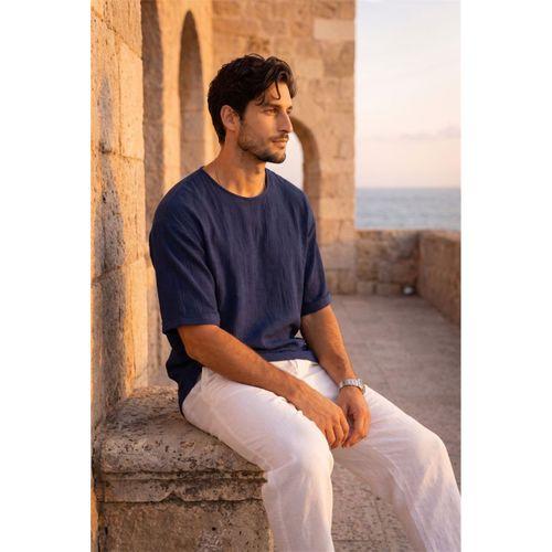 Godard Relax Fit %100 Pamuk Müslin Kumaş Duble Kol Bisiklet Yaka Erkek T-Shirt - Lacivert