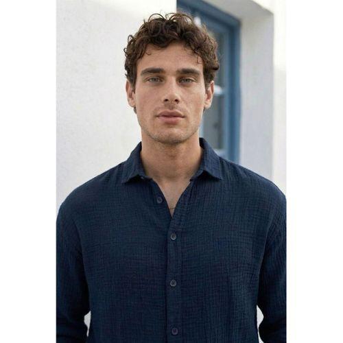 Nefes Alabilir Yarım Oversize Müslin Kumaş Uzun Kol Yakalı Erkek Gömlek - Lacivert