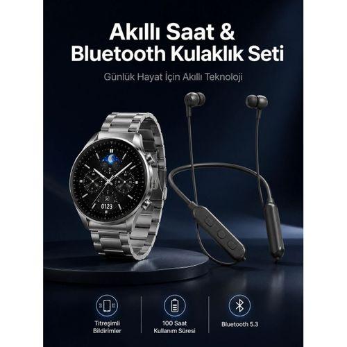 Alarm Ve Titreşim Özellikli Akıllı Saat Ve Mikrofonlu Kablolu Bluetooth Kulaklık 60 Saat