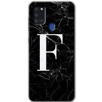 MRCİLETİSİM Samsung Galaxy A21s Kılıf Baskılı Kapak - Siyah Mermer Desenli F Harfi +Tam Kaplayan Mat Seramik