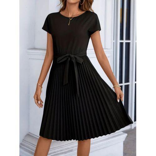 Lucky Life Kadın Kısa Kollu Eteği Pileli Beli Bağcıklı Midi Krep Elbise