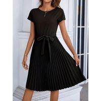 Lucky Life Kadın Kısa Kollu Eteği Pileli Beli Bağcıklı Midi Krep Elbise