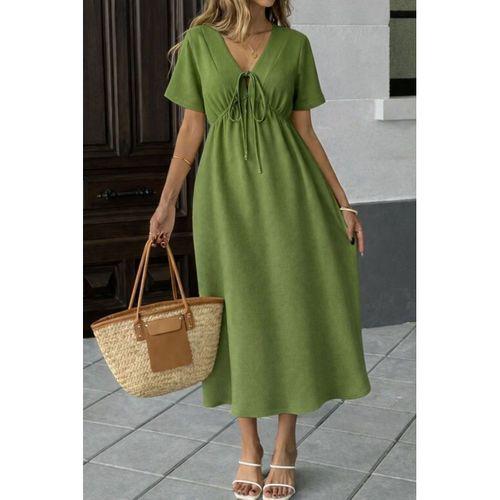 Kadın V Yaka Büzgülü Ip Detay Aerobin Kumaş Elbise