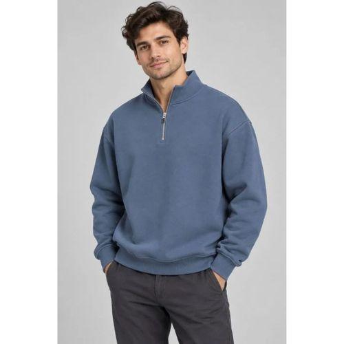 Erkek Üç İplik İçi Şardonlu Dik Yaka Yarım Fermuarlı Kışlık Sweatshirt - Mavi