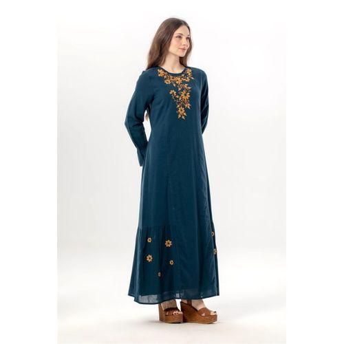 Uzun Kol Aysu Nakışlı Bisiklet Yaka Şile Bezi Yazlık Uzun Elbise Petrol Ptrl