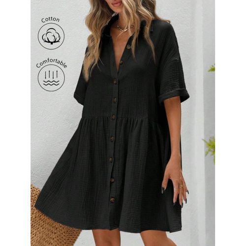Kadın Kısa Kollu Yakalı önden Düğmeli Kısa Bürümcük Elbise