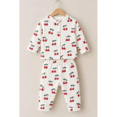 3-12 Ay Kiraz Baskılı Çıtçıtlı Penye Bebek Pijama Takımı