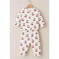 3-12 Ay Kiraz Baskılı Çıtçıtlı Penye Bebek Pijama Takımı