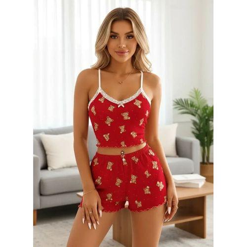 Kadın Kırmızı Sevimli Ayıcık Desenli Yazlık Şortlu Pijama Takımı