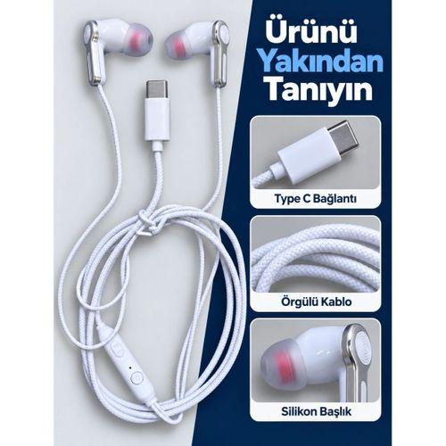 Örgülü Kablo Tasarımlı Kumandalı Beyaz Type C Kulaklık