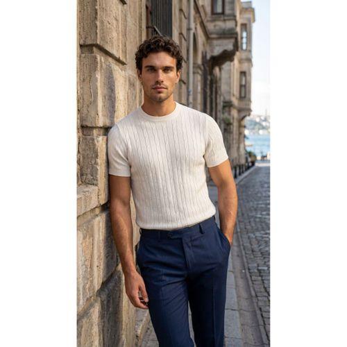 Erkek Örgü Desen Bisiklet Yaka Triko Tişört - %100 Pamuk Akrilik