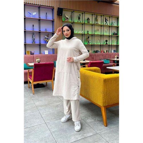 Kapşonlu Yandat Çıtçıtlı Sade Basic Uzun Tunik ve Pantolon İkili Spor Takım - 03071.027 - Ekru