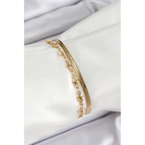 316L Çelik Gold Renk Yıldız Zincir ve İtalyan Zincirli 2'li Kadın Bileklik