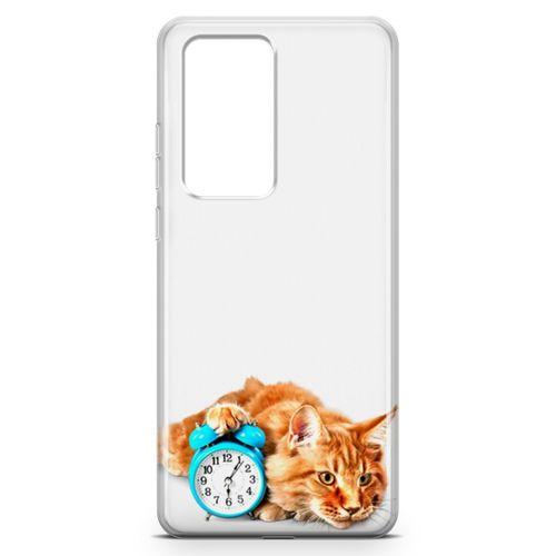 Huawei P40 Pro Kılıf Masa Saati Kedi Arka Kapak Koruma Desenli Full Koruyucu