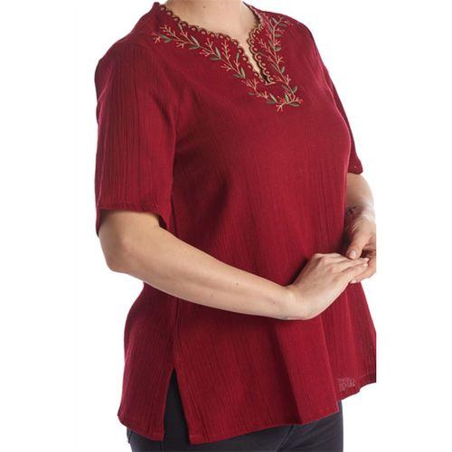 Şile Bezi Kısa Kol Bordo Nakışlı V Yaka Yazlık Otantik Bluz