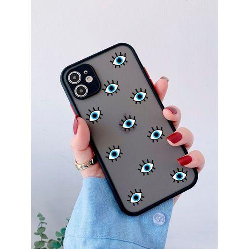 iPhone 12 Uyumlu Siyah Kamera Lens Korumalı Nazar Gözler Desenli Lüx Telefon Kılıfı