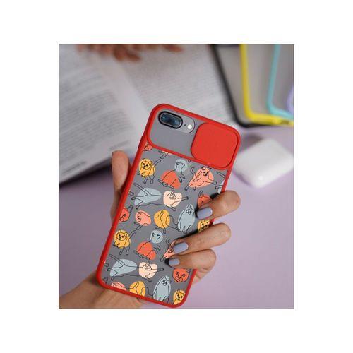 iPhone 7 Plus Sevili Kedi Figürleri Desenli Kamera Korumalı Kırmızı Telefon Kılıfı