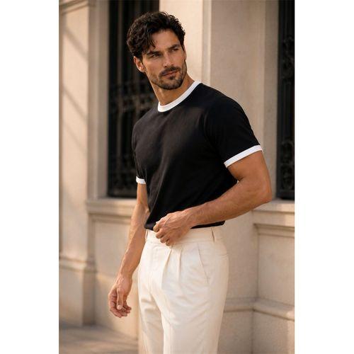Capra Yaka Kol Biyeli Basic Pamuk Likralı İki İplik Erkek T-Shirt - Siyah