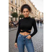 Kadın Siyah Modern Fit Çapraz Bel Detaylı Dik Yaka Uzun Kol Crop Top Bluz