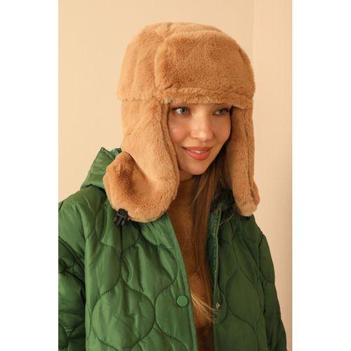 Peluş Kulaklıklı Klipsli Kadın Camel  Pilot Şapka Bere