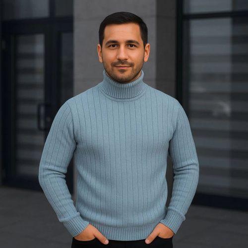 Erkek Balıkcı Yaka Bağazlı Triko Kazak Pamuklu Kalın Fitilli Dokuma, Regular Fit Uzun Kollu Kışlık Model - Bebe Mavisi