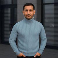 Erkek Balıkcı Yaka Bağazlı Triko Kazak Pamuklu Kalın Fitilli Dokuma, Regular Fit Uzun Kollu Kışlık Model - Bebe Mavisi