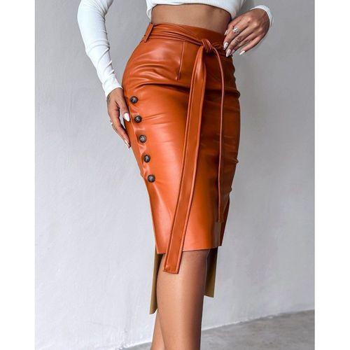 Kadın Yüksek Bel Kuşaklı Yanlardan Düğmeli Mini Deri Etek