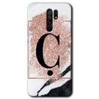 BeRa Aksesuar Xiaomi Redmi 9 Kılıf Baskılı Kapak - Pembe Mermer Desenli Ç Harfi +Tam Kaplayan Mat Seramik