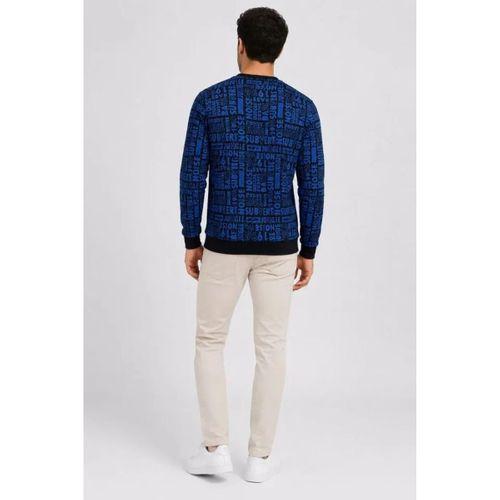 Erkek Siyah Mavi Yazı Desenli İki İplik Şardonlu Sweatshirt