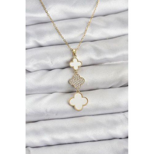 316L Çelik Zincir Gold Renk Yonca Detaylı Zirkon Taşlı Kadın Kolye