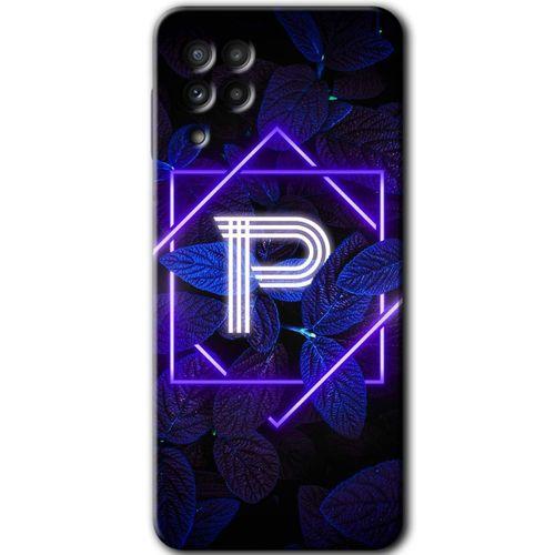 MRCİLETİSİM Samsung Galaxy M22 Kılıf Baskılı Kapak - Dark Neon Yaprak P Harfi + 5D Tam Kaplayan Cam