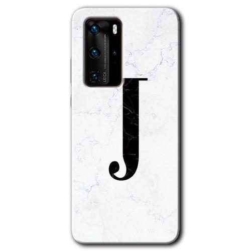 Huawei P40 Pro Kılıf HD Desen Baskılı Arka Kapak + Temperli Cam - Beyaz Mermer Desenli J Harfi