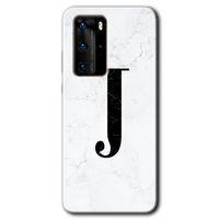 Huawei P40 Pro Kılıf HD Desen Baskılı Arka Kapak + Temperli Cam - Beyaz Mermer Desenli J Harfi