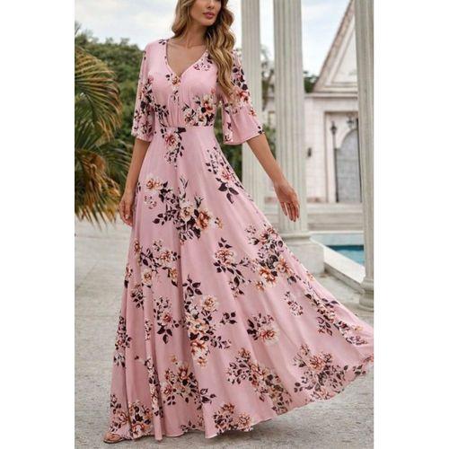 Kadın Kısa Kollu V Yakalı Desenli Süprem Elbise