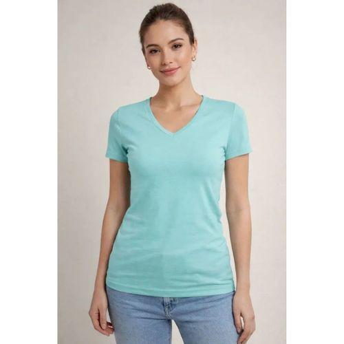 T-Shirt V Yaka Slim Fit Likralı Tişört Günlük Basic Body - Turkuvaz