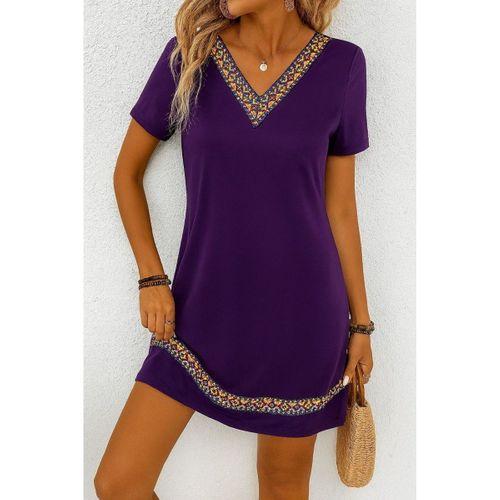 Kadın Kısa Kollu V Yakalı Etnik Desen şerit Detaylı Viskon Elbise