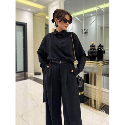 Kadın Uzun Kollu şal Detaylı Bluz Ve Pantolon Kemer Dahil Ikili Takım