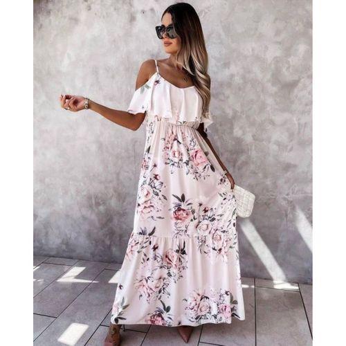 Kadın Gül Desenli Maxi Boy Mikro Kumaş Elbise