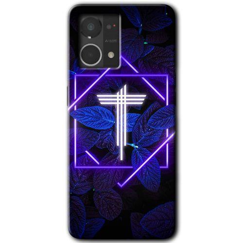 MRCİLETİSİM Oppo Reno 7 4G Kılıf HD Desen Baskılı Arka Kapak+Temperli Cam - Dark Neon Yaprak T Harfi