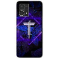 MRCİLETİSİM Oppo Reno 7 4G Kılıf HD Desen Baskılı Arka Kapak+Temperli Cam - Dark Neon Yaprak T Harfi
