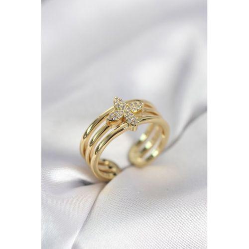 Gold Renk Zirkon Taşlı Yonca Model Kadın Yüzük