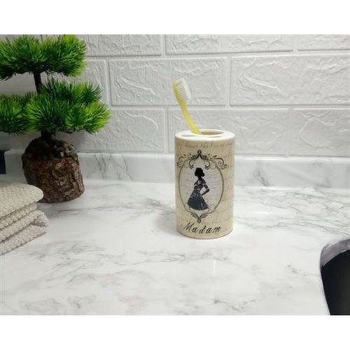 2 Adet Seramik Diş Fırçalık Madam Desenli 7X7X11Cm Banyo Seti