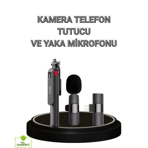 Vlog Ve Canlı Yayın İçin Çift Yaka Mikrofonu Ve Tripodlu Selfie Çubuğu Seti