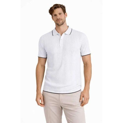 Erkek Düğmeli Yaka Triko Dokuma Tişört Desenli Yazlık Şık Günlük Triko Tişört - Beyaz