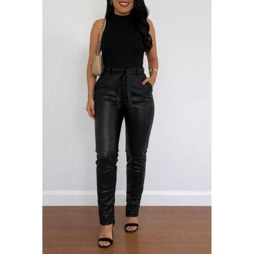 Kadın Yüksek Bel Kuşaklı Deri Pantolon