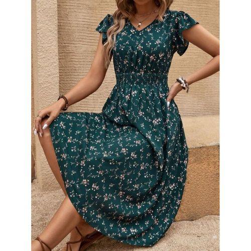 Kadın Kısa Kollu V Yakalı Beli Lastikli çiçek Desenli Süprem Elbise