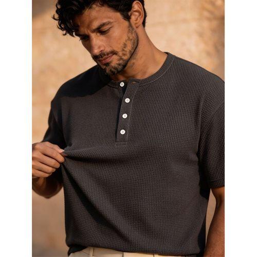 Roth Relaxed Fit Günlük Henley Yaka Waffle Kumaş Yazlık Kısa Kollu T-Shirt - Füme