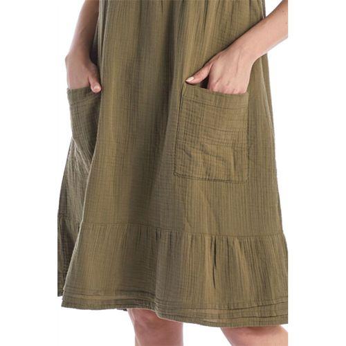 Kısa Kol Haki Kare Yaka Cep Detaylı Midi Boy Müslin Yazlık Elbise