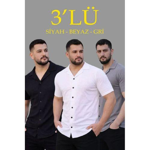 Erkek Waffle Dokuma Açık Yakalı Düğmeli Regular Kalıp 3’lü Gömlek Seti - Siyah, Beyaz, Gri