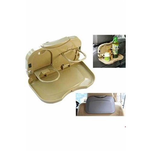 Araç İçi Koltuk Arkası Katlanabilir Bardak Tutuculu Bej Tepsi